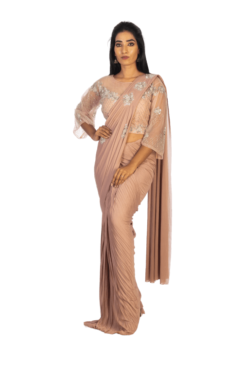 Drape Saree, Ready to Wear, Silver work, Kundana Sequence Pleated Imported Material, Net Back and Sleeves