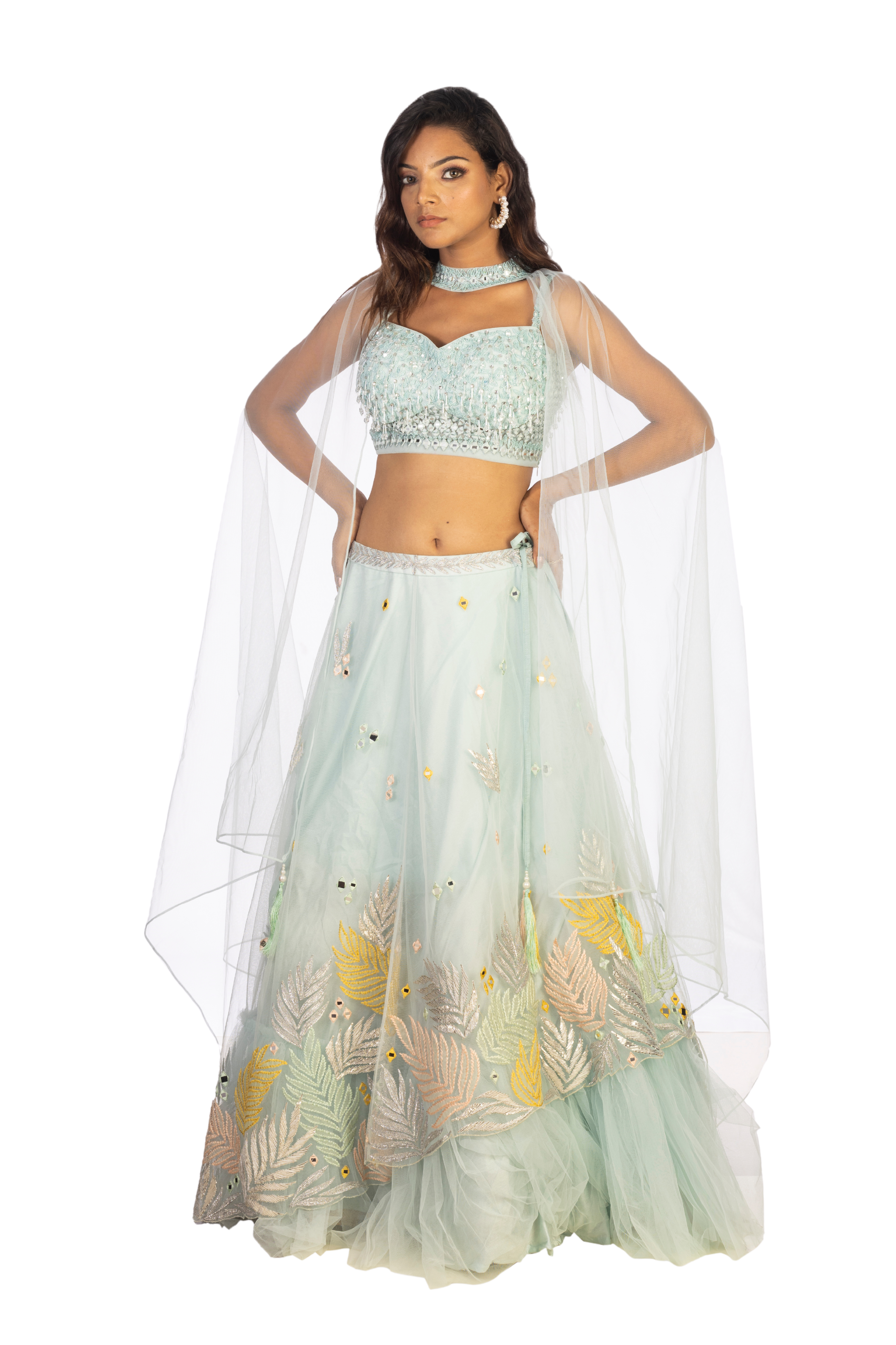 Indowestern Lehenga with Chokar Dupatta, Heavy Blouse with Self colour Beeds
