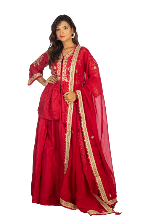 Maroon Silk Indowestern Dress with Gajai Work and Organza Dupatta
