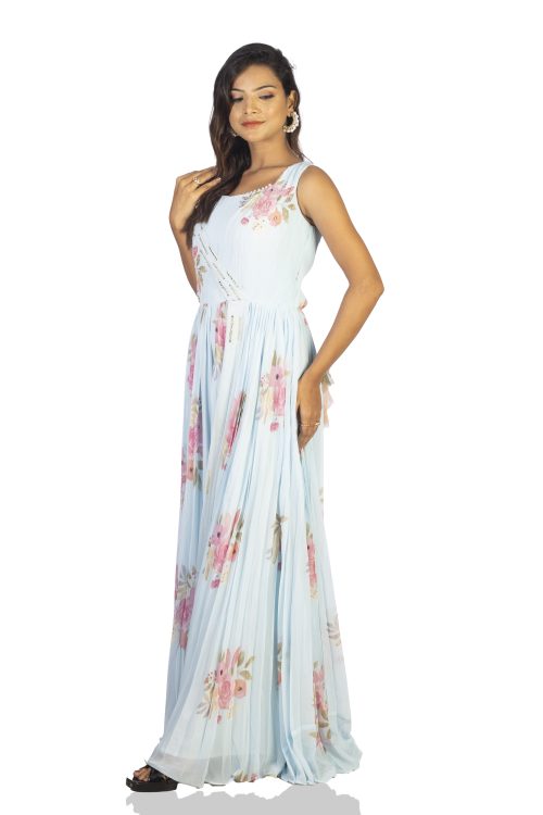 Sky Blue Floral Print Jumpsuit with Crystal Highlights and Attachable Sleeves