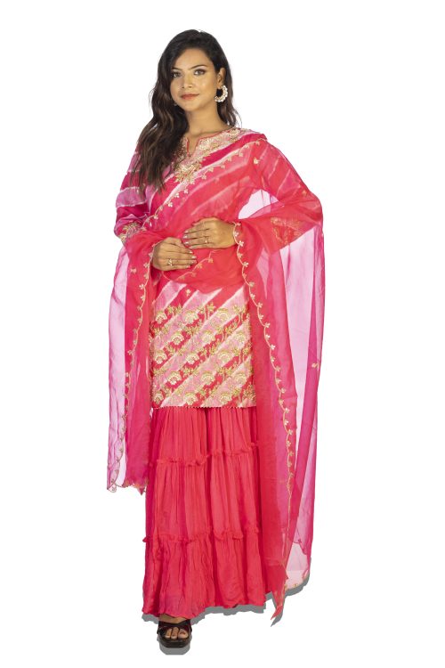 Rani Pink Silk Sharara with Gajai and Pearl Work and Organza Dupatta