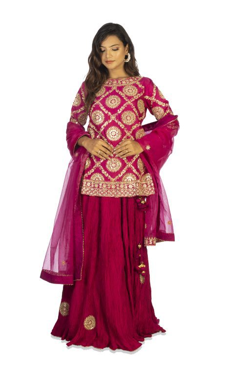 Rajwadi Short Kurta with Heavy Gotta work , Crush Ghagara with all over small Buttis