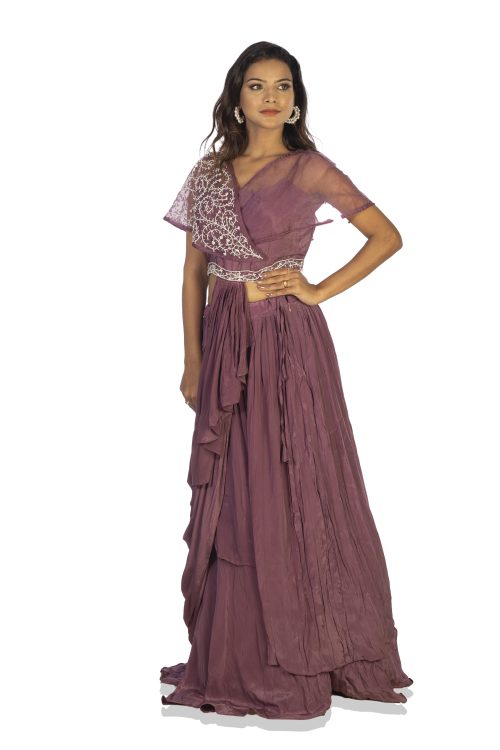 Cowl Pattern top with oversized Pearl Work, Stylish Sleeves, Pattern Skirt