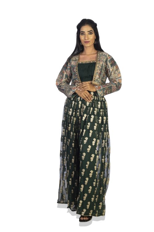 Palazzo Banaras Weaving Short Jacket Full Sleeves printed with Zari Weaving