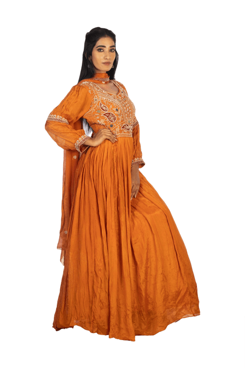 Orange Chinon Gown with Kundan Thread & Pearl Detailing