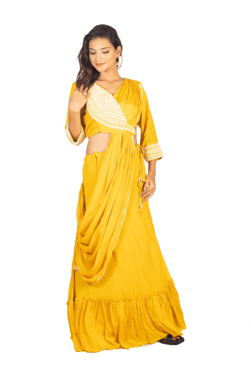 Yellow Drape Skirt with Angarakha Blouse & Pearl Work
