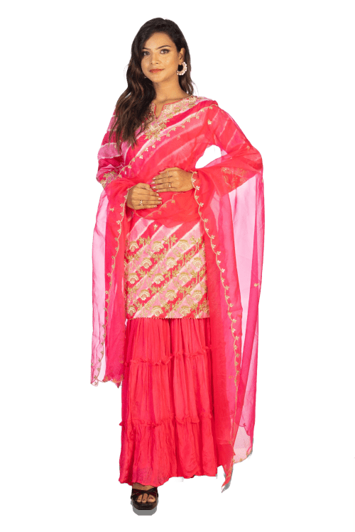Rani Pink Sharara Set with Tusser Kurti and Organza Dupatta