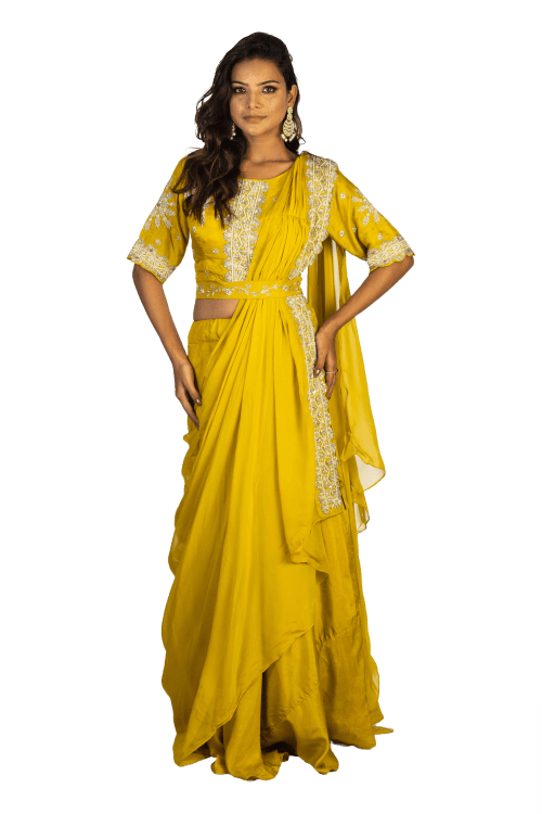 Yellowish Green Silk Drape Skirt & Crop Top with Gajjai Work and Belt