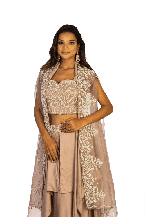 Rose Gold Silk Lehenga with Cowl Skirt, Crop Top & Organza Jacket