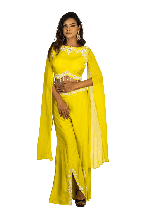 Fluorescent Green Silk Set with Slit Pants & Embellished Blouse