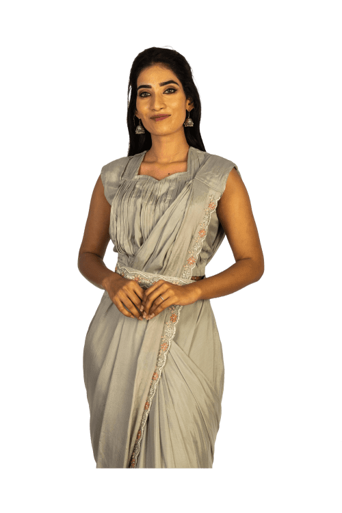 Silver Grey Silk Drape Saree with Organza Jacket and Belt